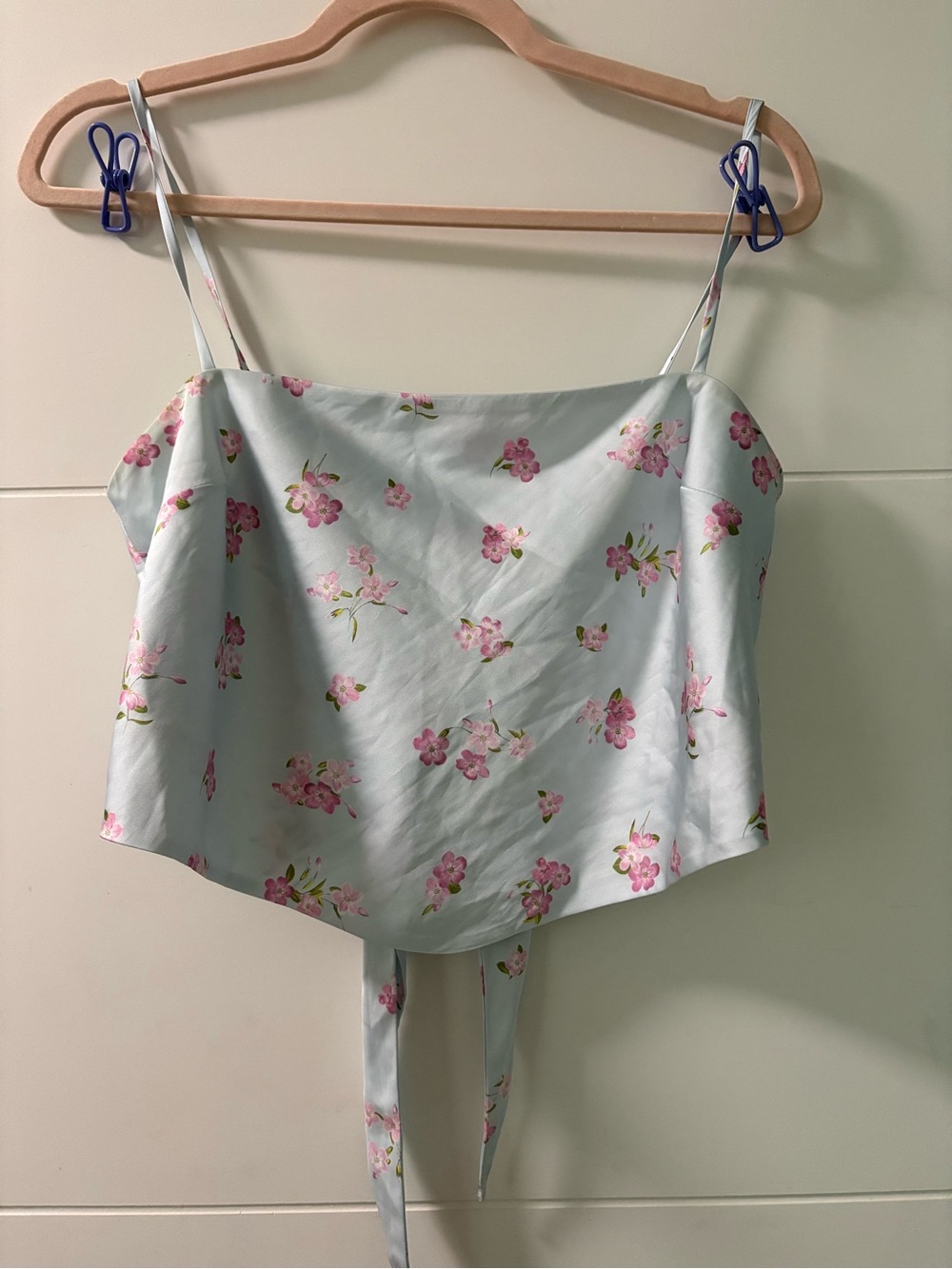 Aritzia Light Blue Floral Tie-Back Crop Top